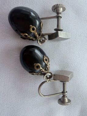 Vintage Black and Silver-toned Screw-Back Earrings